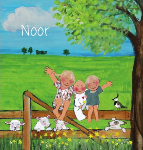 Geboortekaartje hek Noor met zus en broer - EB