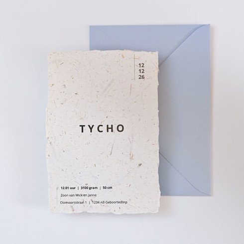 Typografisch geboortekaartje gedrukt op handgeschept papier - Tycho