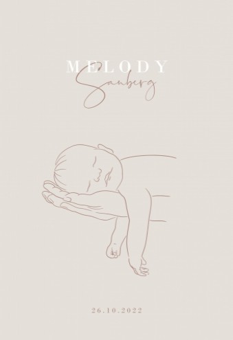 Meisjeskaartje baby in handen lijntekening - Melody