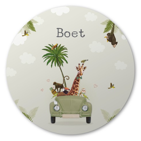 Ronde raamsticker met auto en jungle dieren 60x60