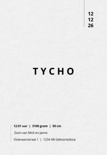 Typografisch geboortekaartje gedrukt op handgeschept papier - Tycho